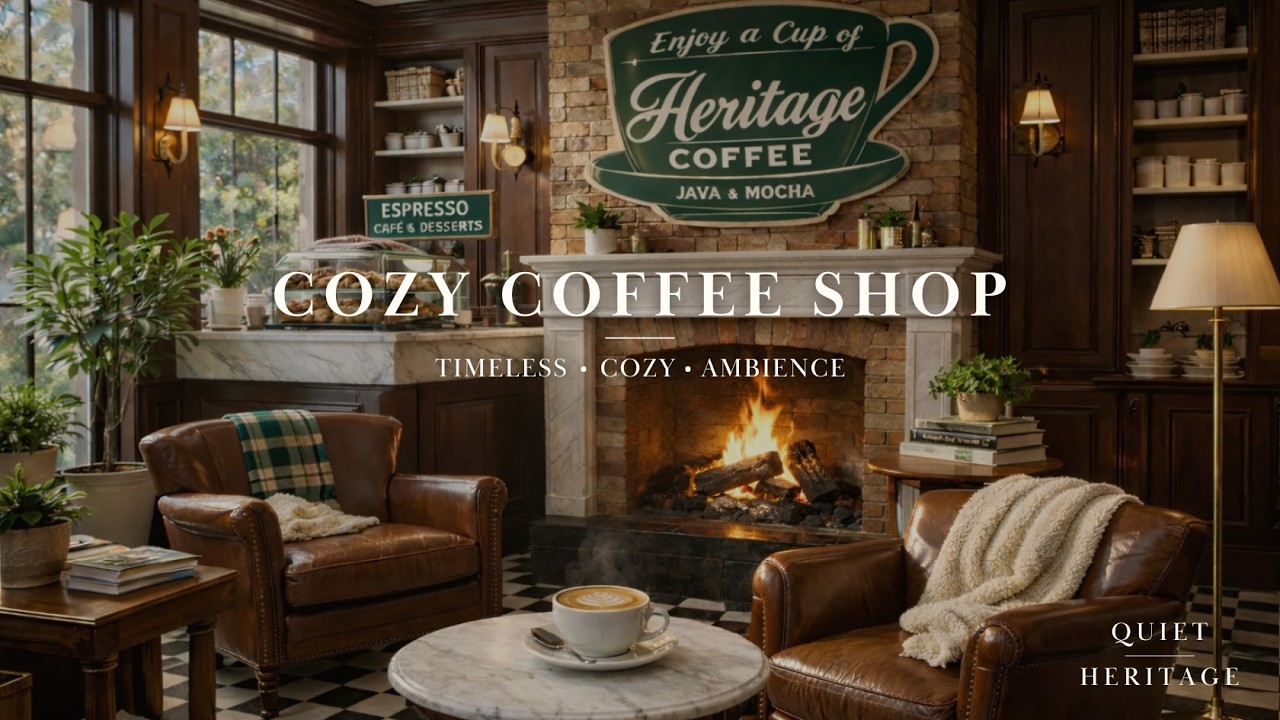 Cozy Heritage Coffee Shop ☕ Fireplace Ambience, Soft Jazz & Crackling Fire (No Talking)
