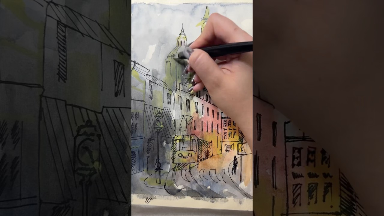 #скетчинг #акварель #citysketch #urbansketch #drawingprocess #watercolorart #творчество #tramdrawing