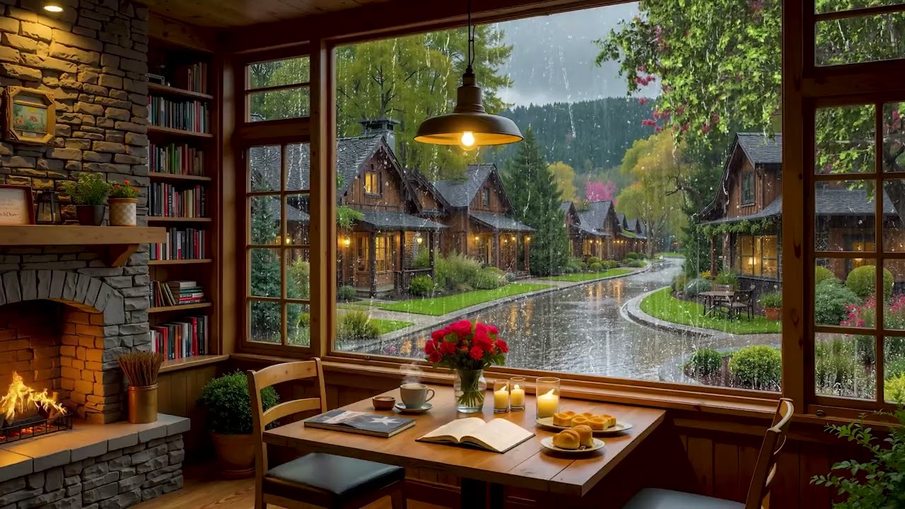 Атмосфера кафе Rainy Mountain Village: нежная джазовая музыка и потрескивание камина.