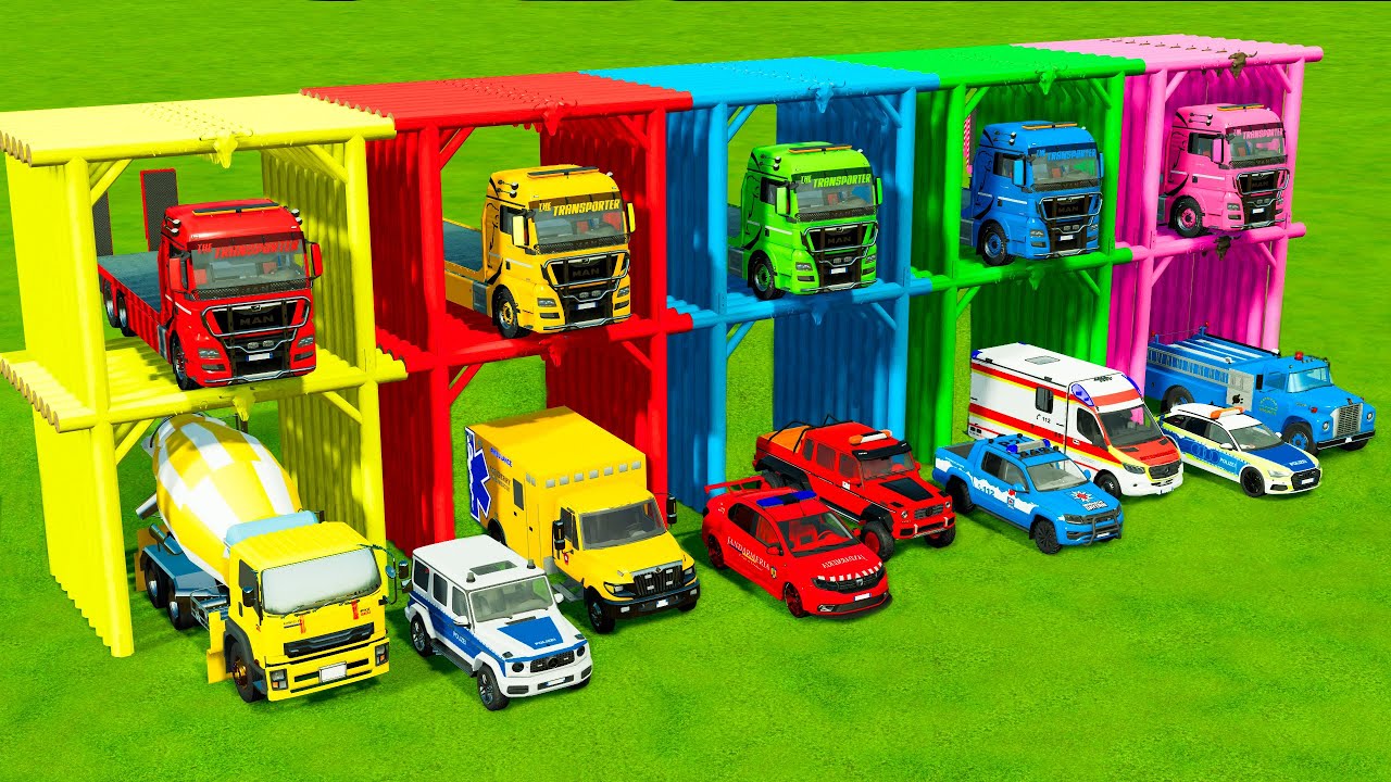 TRANSPORTING ALL POLICE CARS and AMBULANCE EMERGENCY VEHICLES, MIXER TRUCK WITH MAN TRUCKS ! FS22
