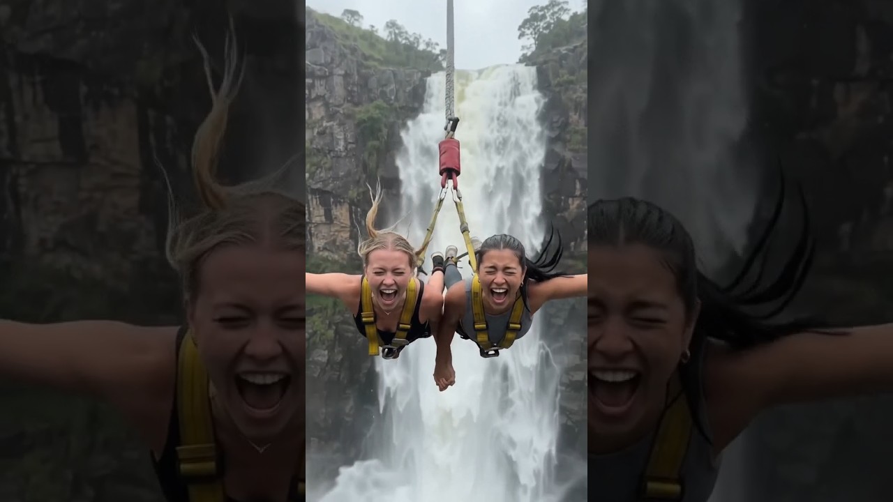 Two USA Girls Bungee Jumping Off a Mountain Waterfall in Heavy Rain 😱🌧️ #shorts