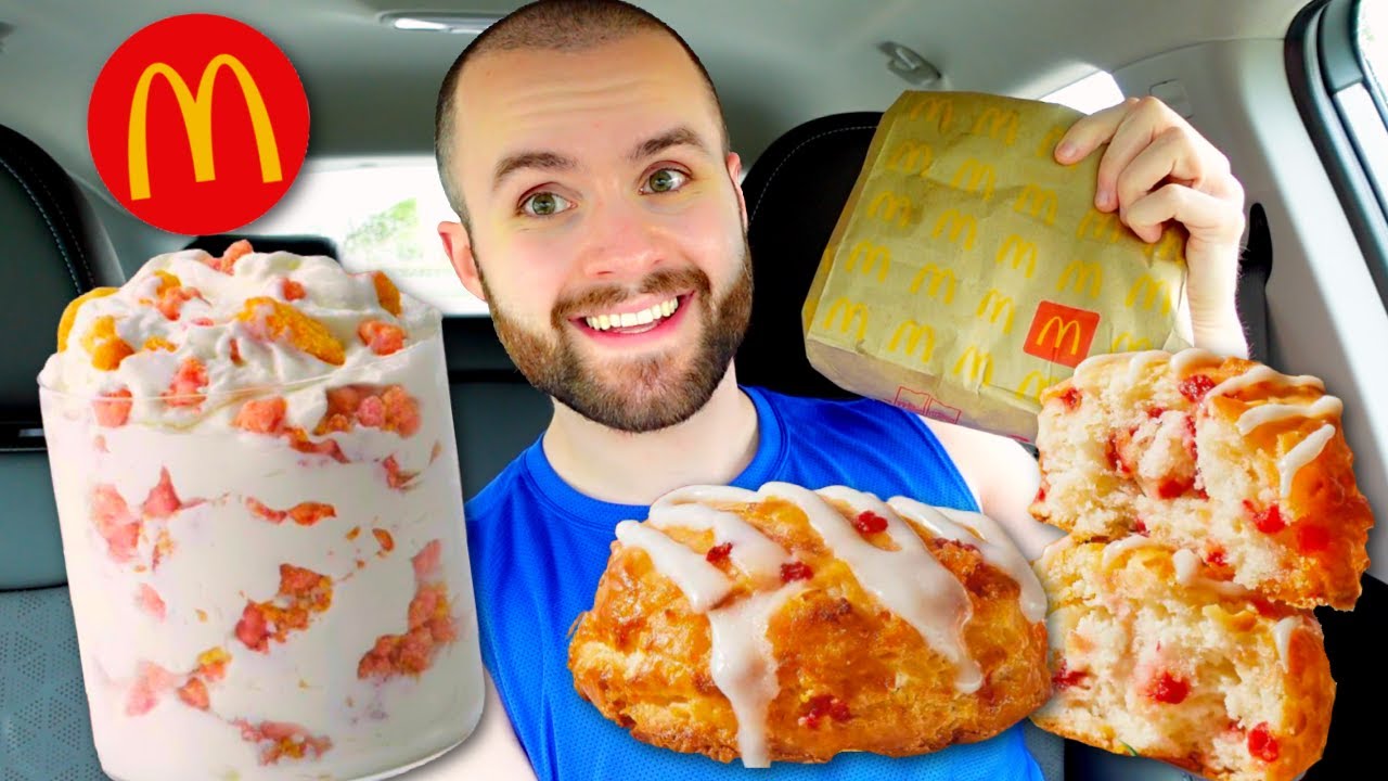 Trying McDonald’s NEW Strawberry Shortcake McFlurry + Popeyes Strawberry Biscuits Review!