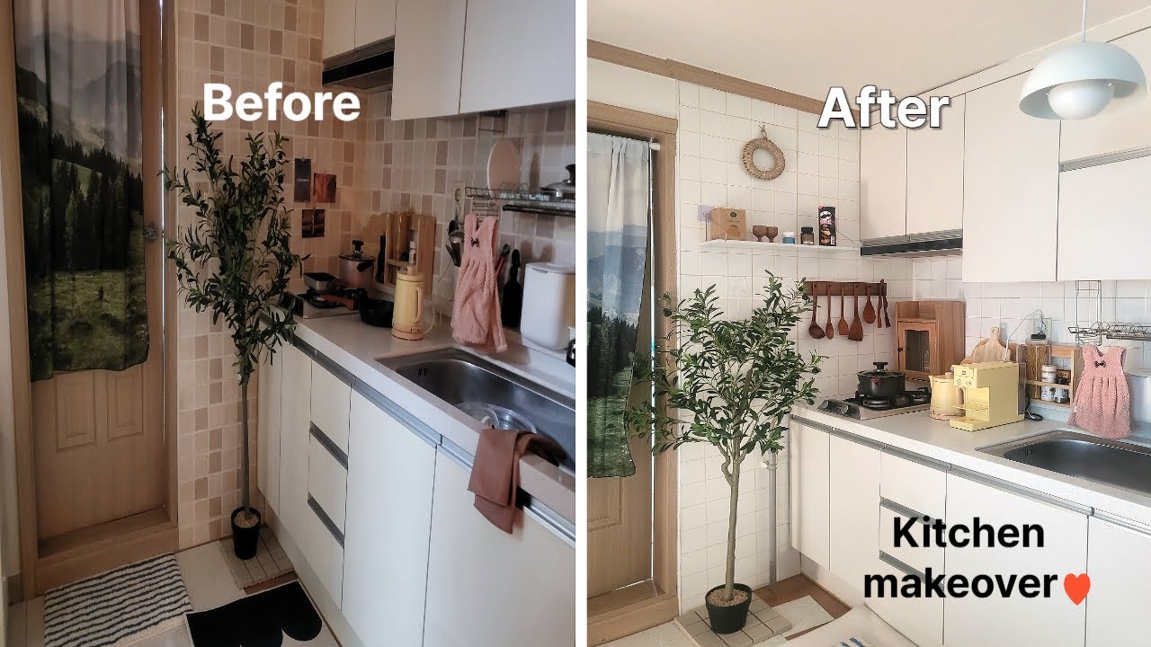 주방 셀프 인테리어 Before & After | Kitchen Makeover | 타일시트지 · 페인트 · 조명 교체