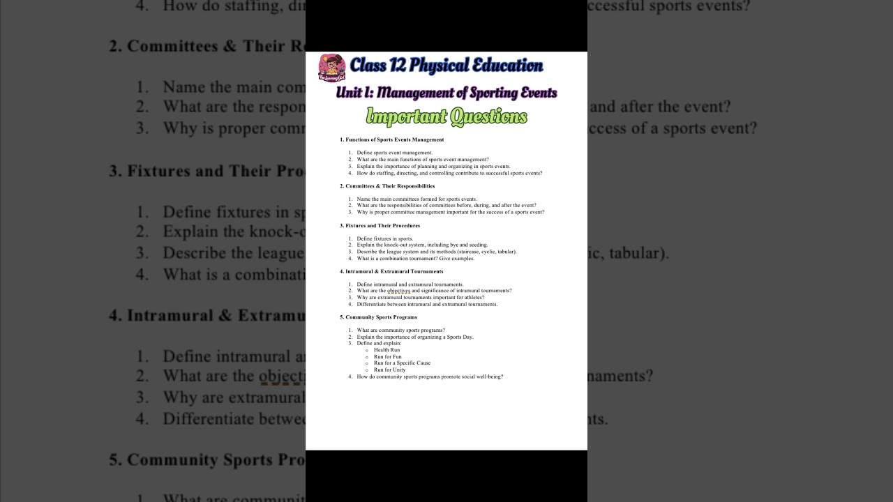 Class 12 Physical Education | Sports Event Management | Unit 1 Important Questions Explained