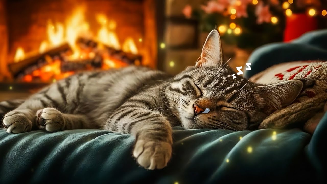 12 Hours of Relaxing Cat Music 🌻 Warm Fireplace Piano for Cats to Sleep & Relax Now 💖