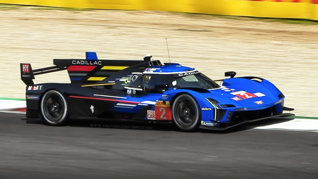 Cadillac V-Series.R LMDh racing at Monza Circuit: Accelerations, Downshifts & V8 Sound!