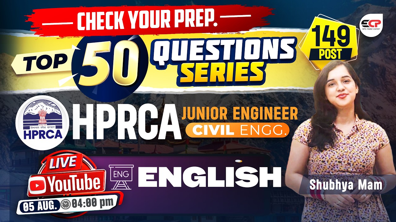 HPRCA JE Civil 2026 🚀 | Top 50 English Questions 📚 | 149 Vacancies | LIVE @ 4:00 PM | 5 Aug