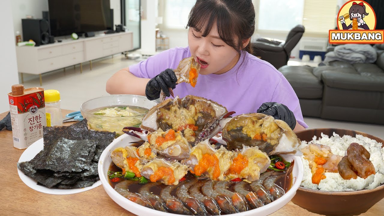 Mukbang | 🦀Крабы и креветки, маринованные в соевом соусе, с рисом.