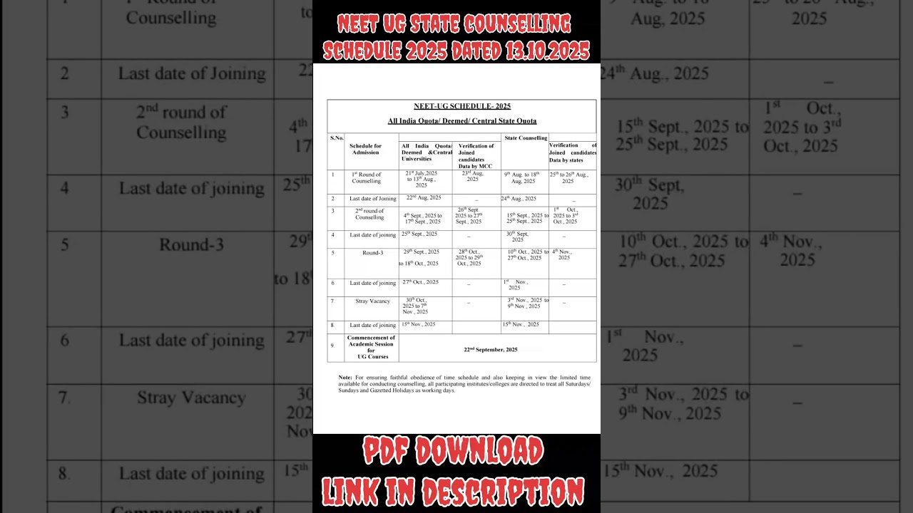 NEET UG State Counselling Schedule dated 13.10.2025 ! mcc schedule for all state #mcc #neet #mbbs