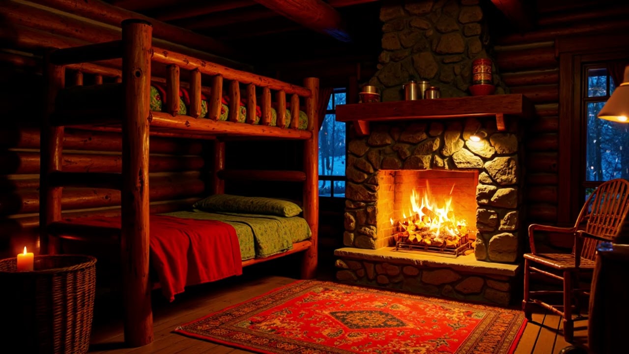 Cozy Log Cabin Fireplace with Bunk Bed at Night | Warm Winter Ambience for Deep Sleep