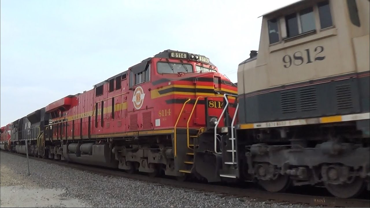 Grinstein, Ex-INRD, and Two NS Heritage Units in Meet of BNSF Coal Trains