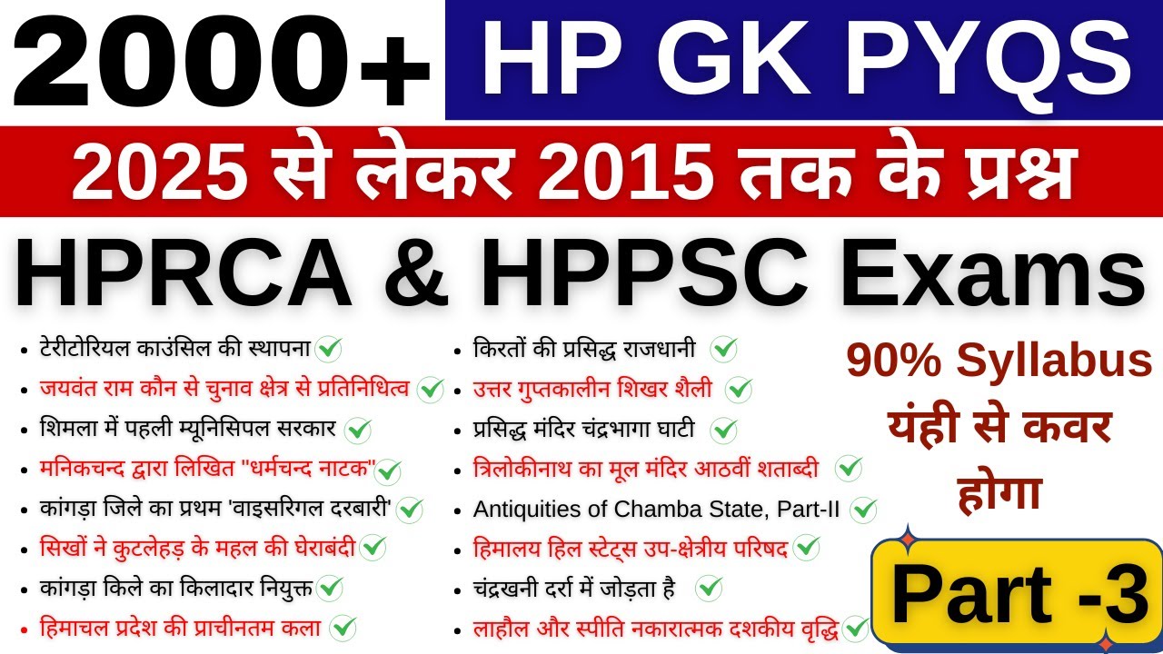 HP GK PYQs !! 2000 MCQs !! HPRCA & HPPSC Exams !! 90% यंही से आएगा !! Part -3 !!