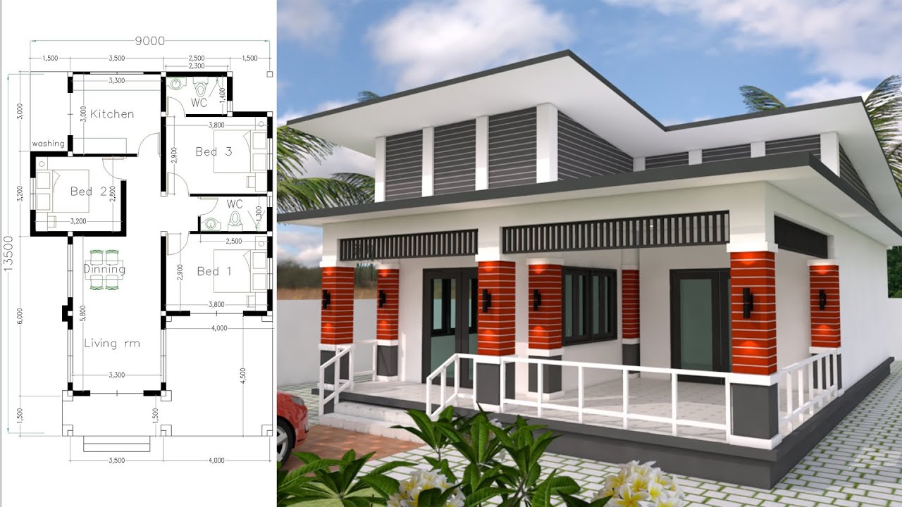 Bungalow House Design 9x13.5 Meter With 3 Bedrooms home design 3d full plan