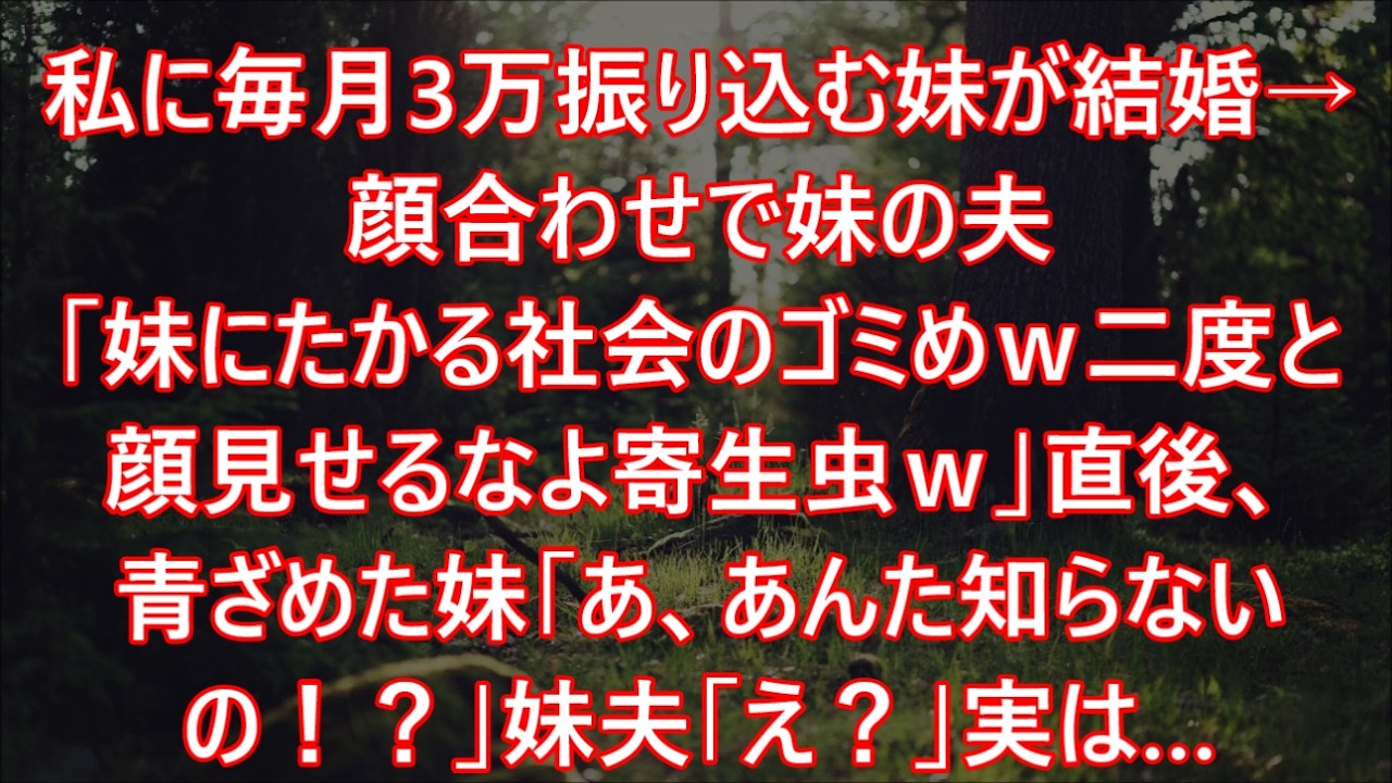 私に毎月3万振り込む妹が結婚→顔合わせで妹の夫「妹にたかる社会のゴミめｗ二度と顔見せるなよ寄生虫ｗ」直後、青ざめた妹「あ、あんた知らないの！？」妹夫「え？」実は…
