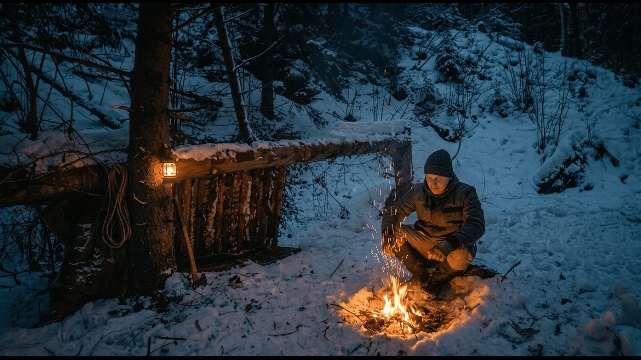 Relaxing Winter Solo Camping in a Snowy Pine Forest (No Talking) | Bushcraft  & Campfire Cooking