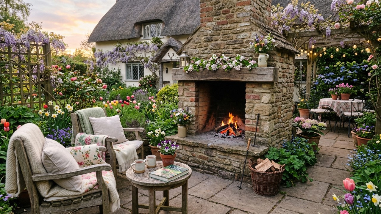 Cozy Spring Fireplace Crackling | Cottage Fire with Spring Birdsong – Cozy Relaxing Ambience Live