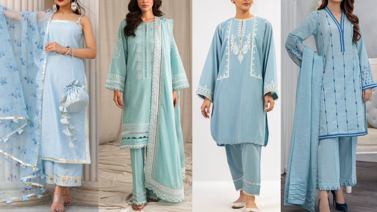 Sky Blue Dress Design Ideas for Summer/Lawn Cotton Light Blue Dress Design/Light Blue Dresses