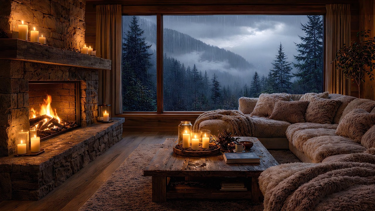 Rainy Washington Cabin Ambience | Cozy Fireplace & Misty Mountain Rain (3 Hours)
