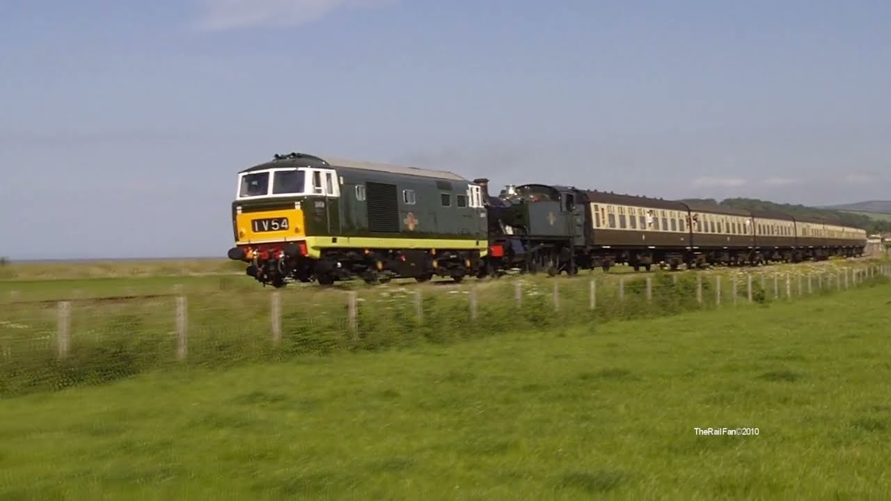 DOUBLEHEAD HYMEK D7017 & GWR 4160 PASSING  BLUE ANCHOR AND DUNSTER WEST SOMERSET RAILWAY 12/06/10