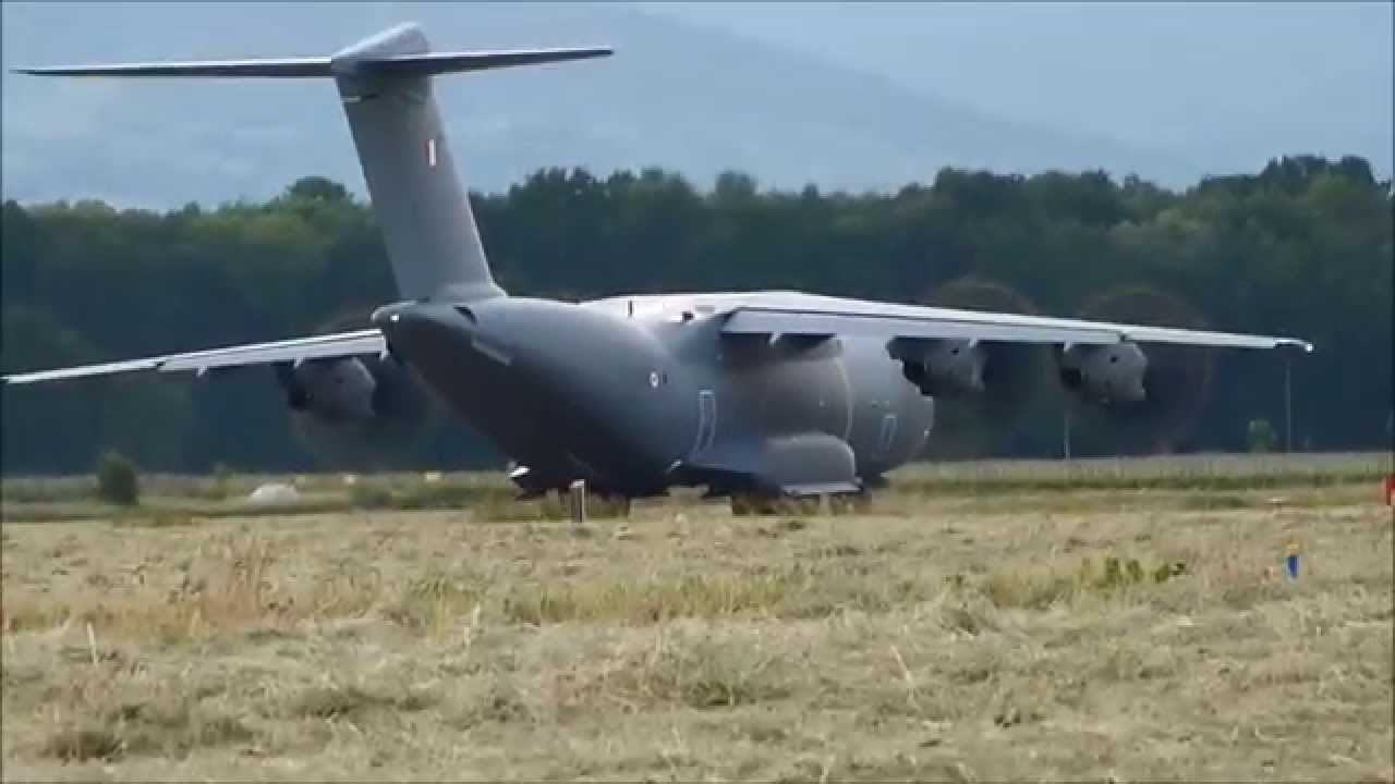 Airbus A400M at Colmar LFGA landing; cockpitt view and take off with ATC conversation