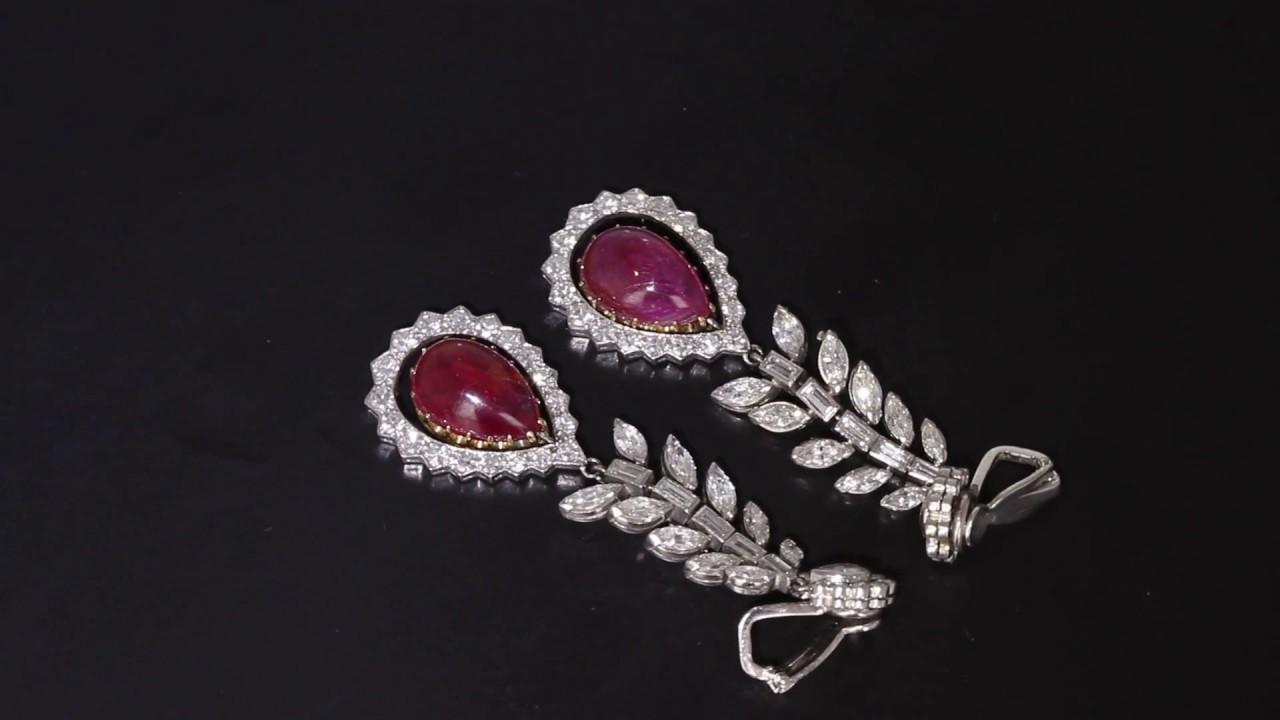 Art Deco 1920s Platinum Pear Shaped Burma Ruby Cabochon Diamond Drop Earrings AP85