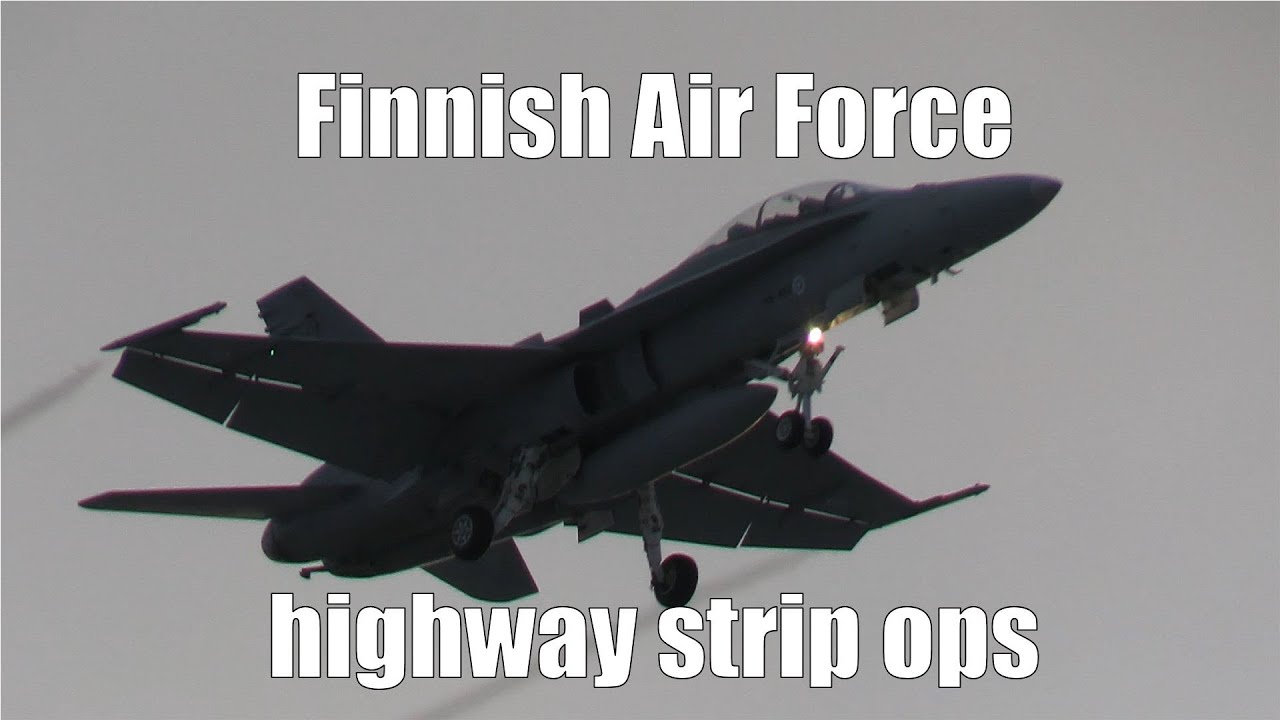 Four F/A-18 Hornet Jet Fighters Approaching Highway Road Base - Finnish Air Force