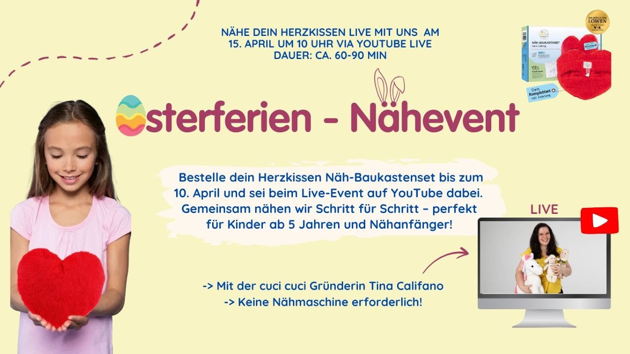 Osterferien Nähaktion mit cuci cuci - nähe dein Herzkissen mit Gründerin Tina