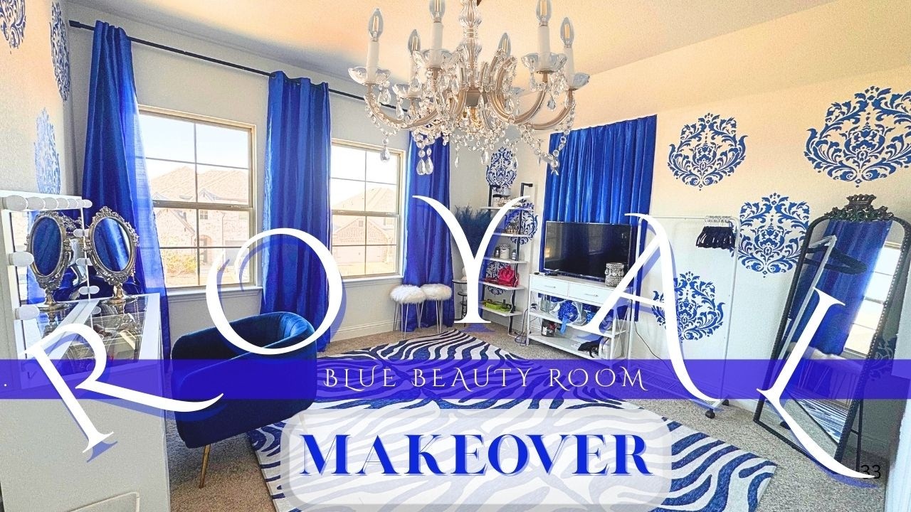 THE ULTIMATE ROYAL BLUE 💙👸🏾 BEAUTY ROOM MAKEOVER | MAKE UP ORGANIZATION + WALL  STENCIL