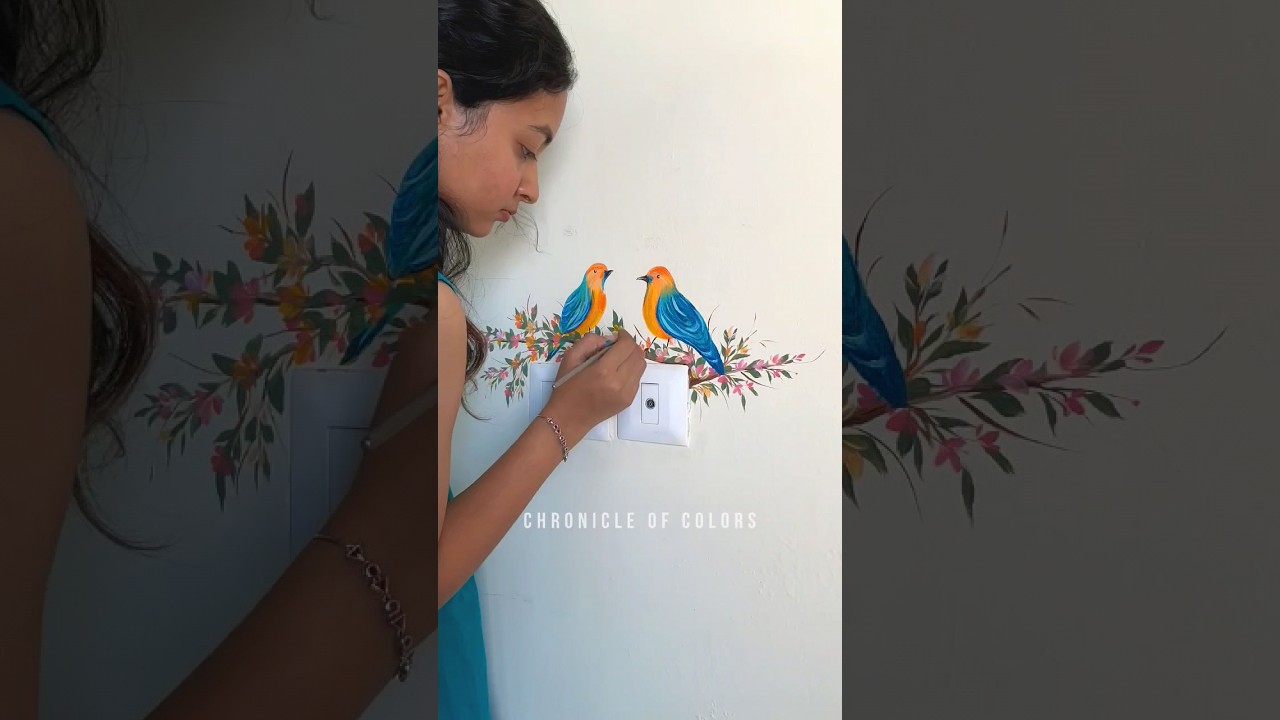 Painting Cute Birds and Botanical Mural for Home 🐦🎨 #youtubeshorts #mural