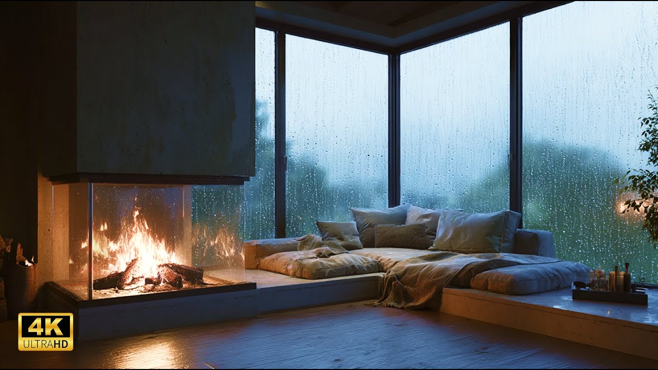 Modern Fireplace & Rain Sounds for Deep Sleep | Minimalist House Cozy Ambience | 1 Hour |  4K