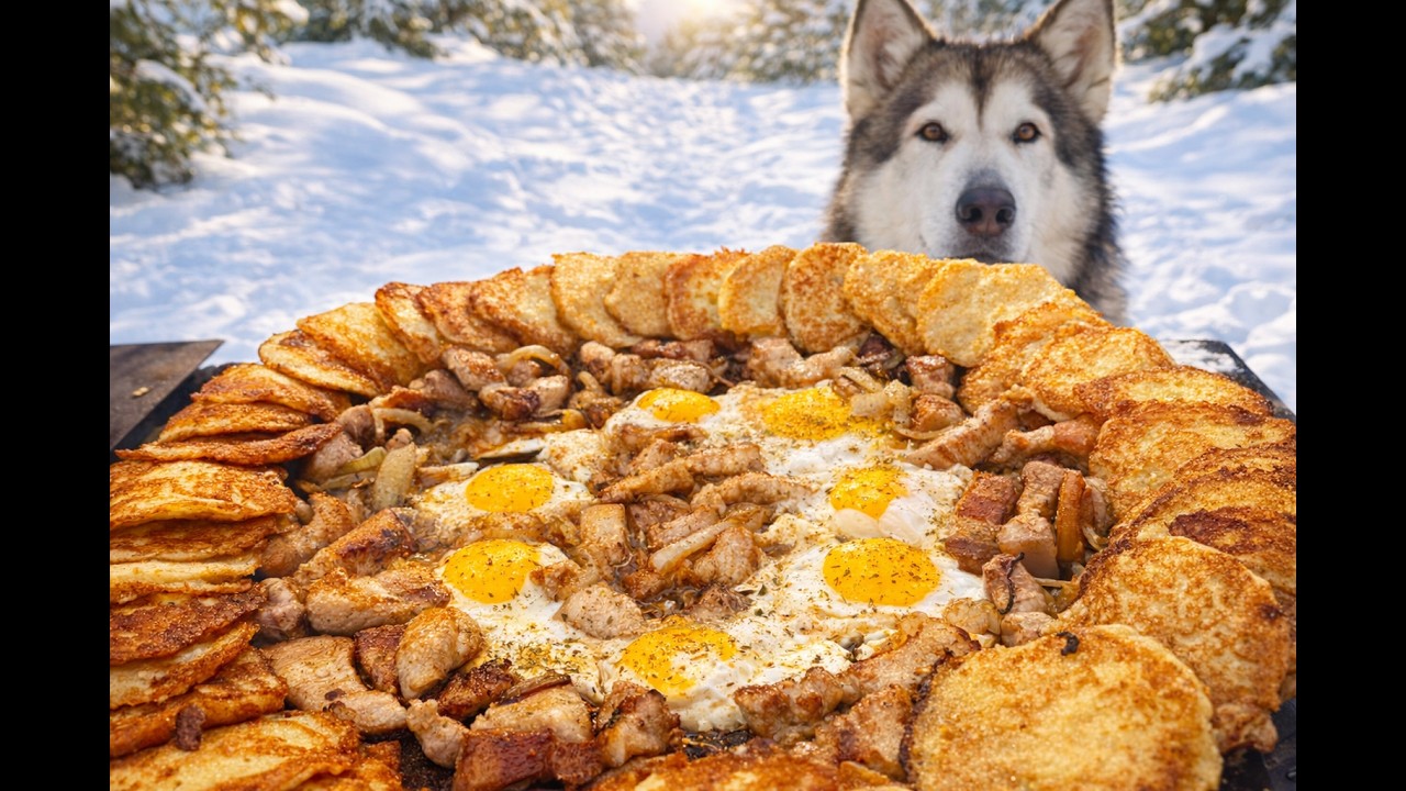 Potato pancakes with fried brisket and eggs in winter on the grill.