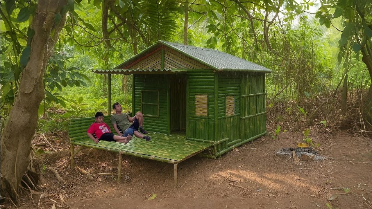 Camping hujan deras || Membangun shelter bambu sederhana bersama anak di hutan