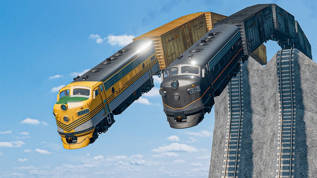 Two Double Amazing Trains vs Broken Down Rails in the Open Ocean! Funny Adventures In BeamNg.Drive