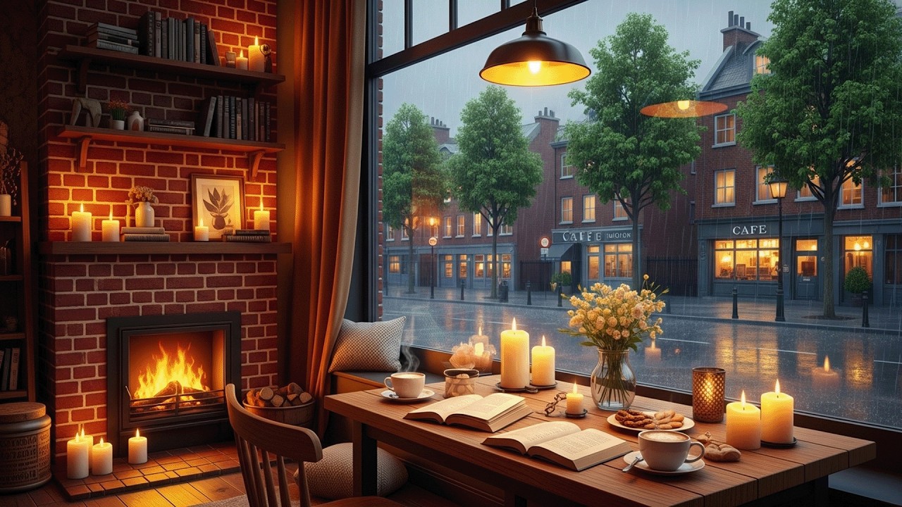 Rain Outside the Cozy Cafe ☕ Gentle Piano and Fireplace Sounds for Relaxing