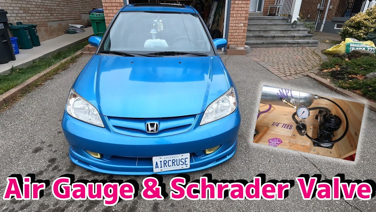 Air Gauge & Schrader Valve installation DIY, 2005 Honda Civic ES 7th Gen, シビック フェリオ 2005 ES エアサス ゲージ