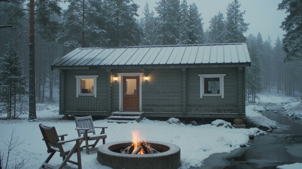 Rustic Winter Log Cabin Ambience with Crackling Fire, Flowing Stream and Forest Sounds