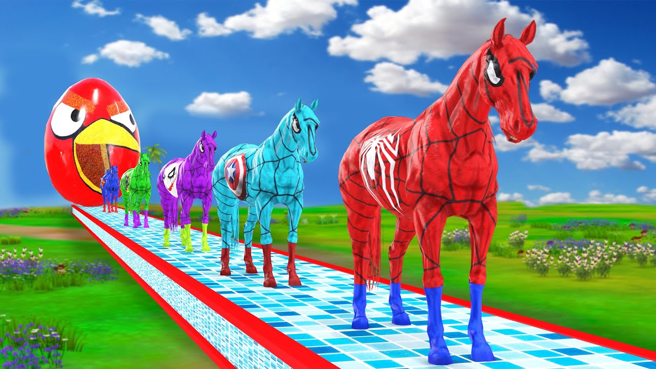 Red Horse Spiderman & Rainbow Horses Crossing over Spiders Bridge Challenge Vs Shark Spiders
