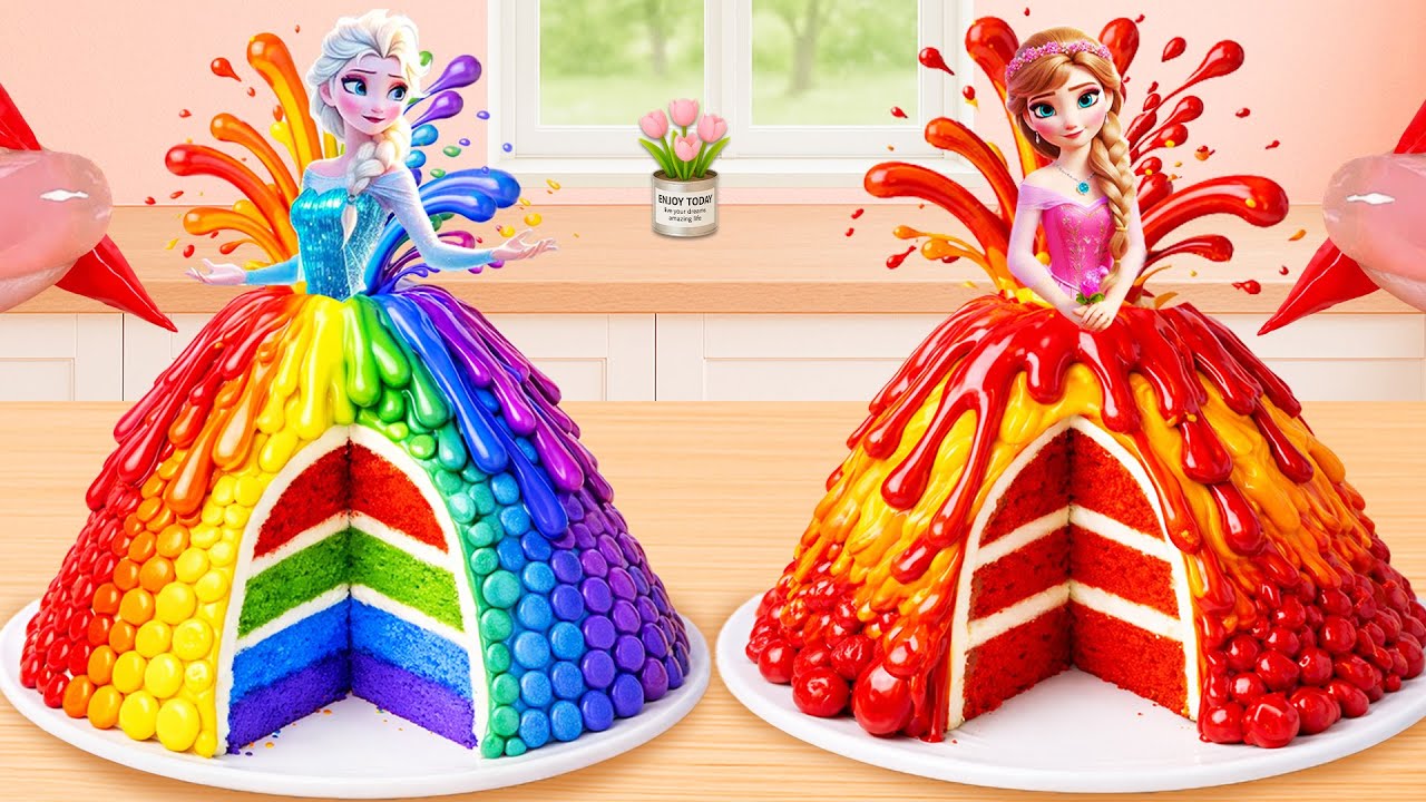 Frozen Lava Dress Cake Battle 🌈🔥 Rainbow Melt vs Red Splash Princess Challenge | Lily Little Cake