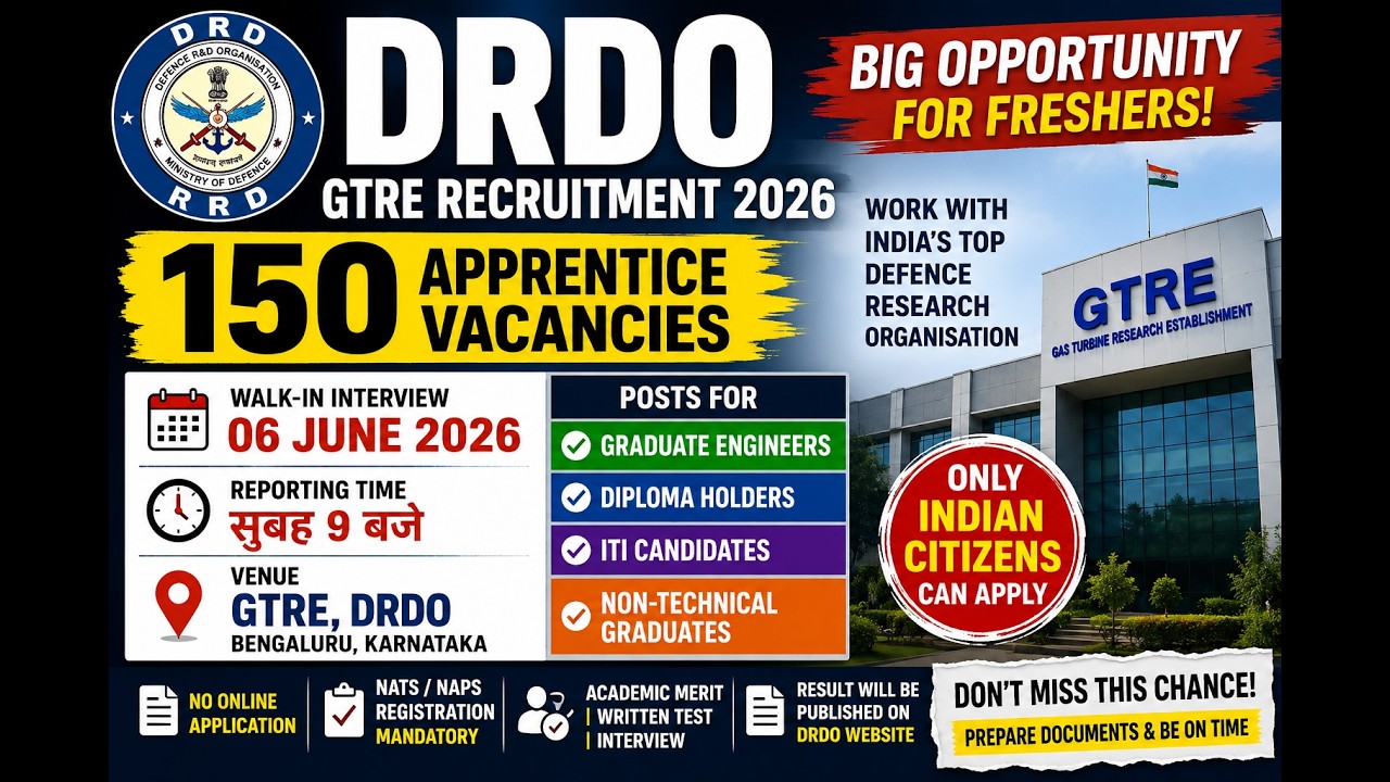 DRDO GTRE Recruitment 2026 🔥 150 Apprentice Vacancies | ITI Diploma Graduate Jobs