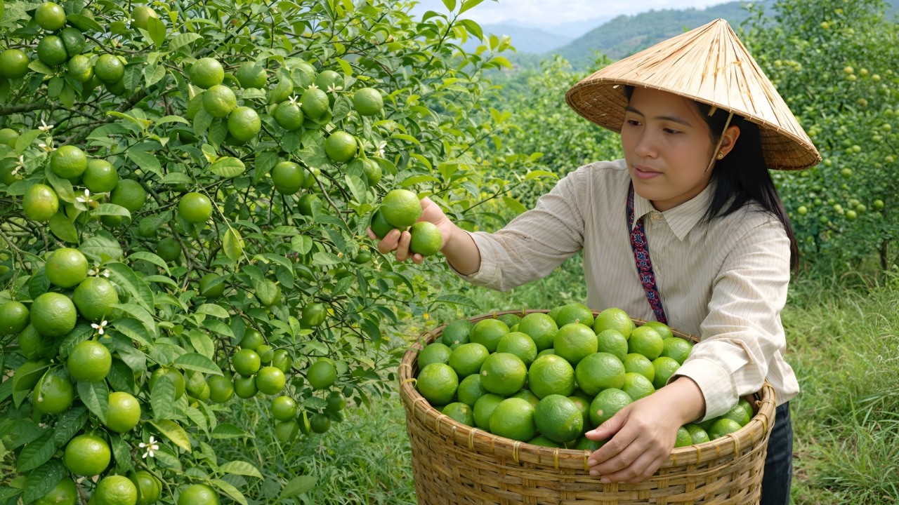 Harvesting lemons from the garden to sell, an ingredient for a delicious salad - Rural life