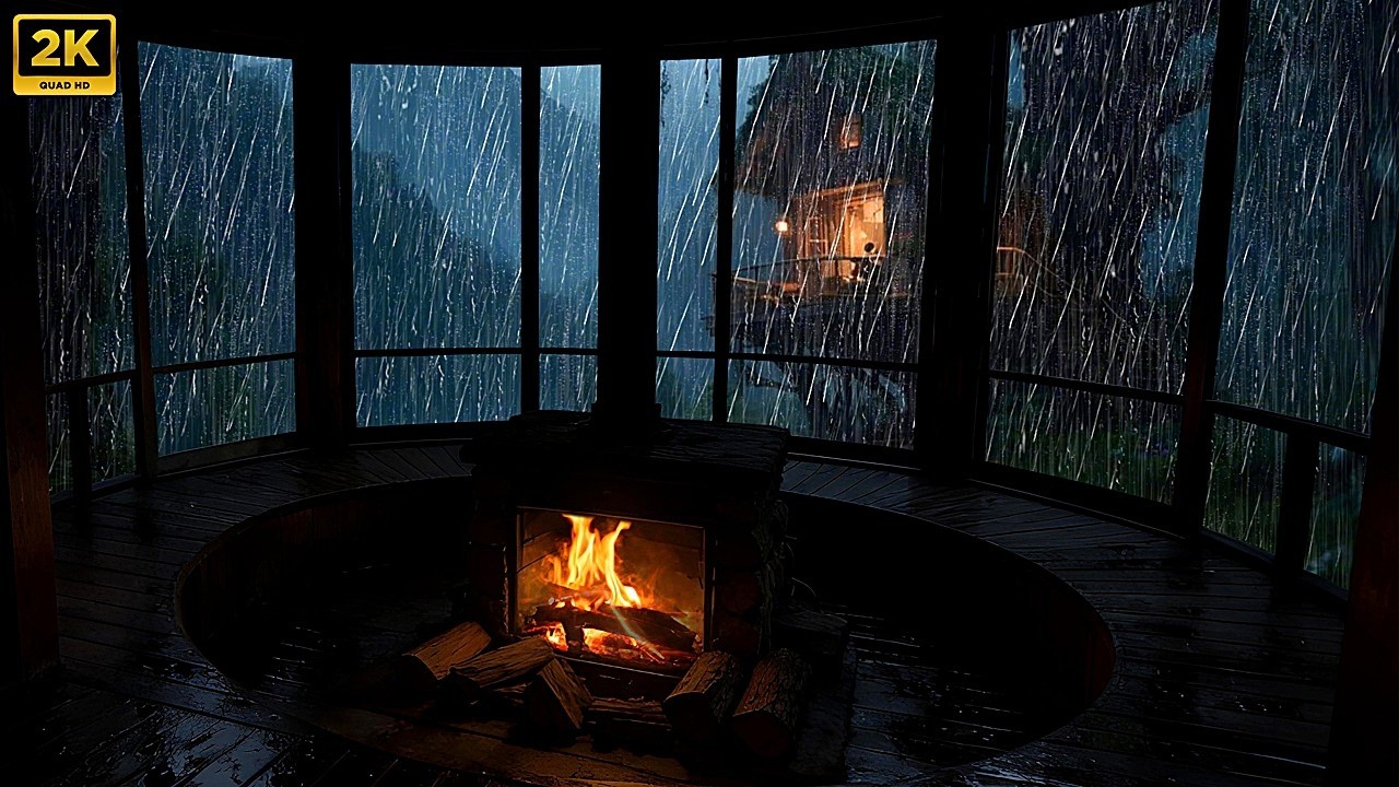 Cozy Rain Sounds & Warm Fireplace for Sleep ! Dark Night for Deep Sleep with tree House