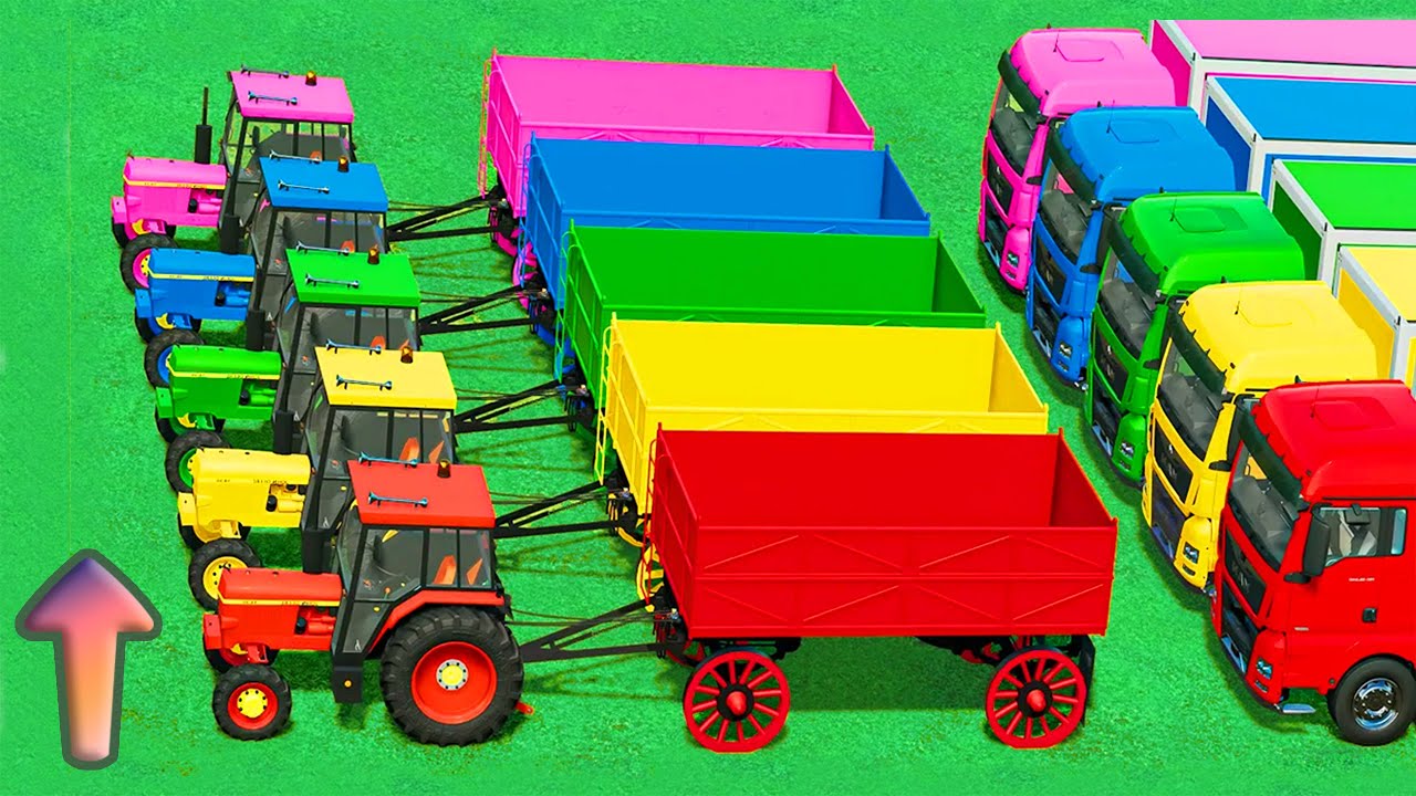 MINI CONVOY OF COLORS! JOHN DEERE SMALL TRACTORS GARAGE TRANSPORT & CANOLA ACTION!