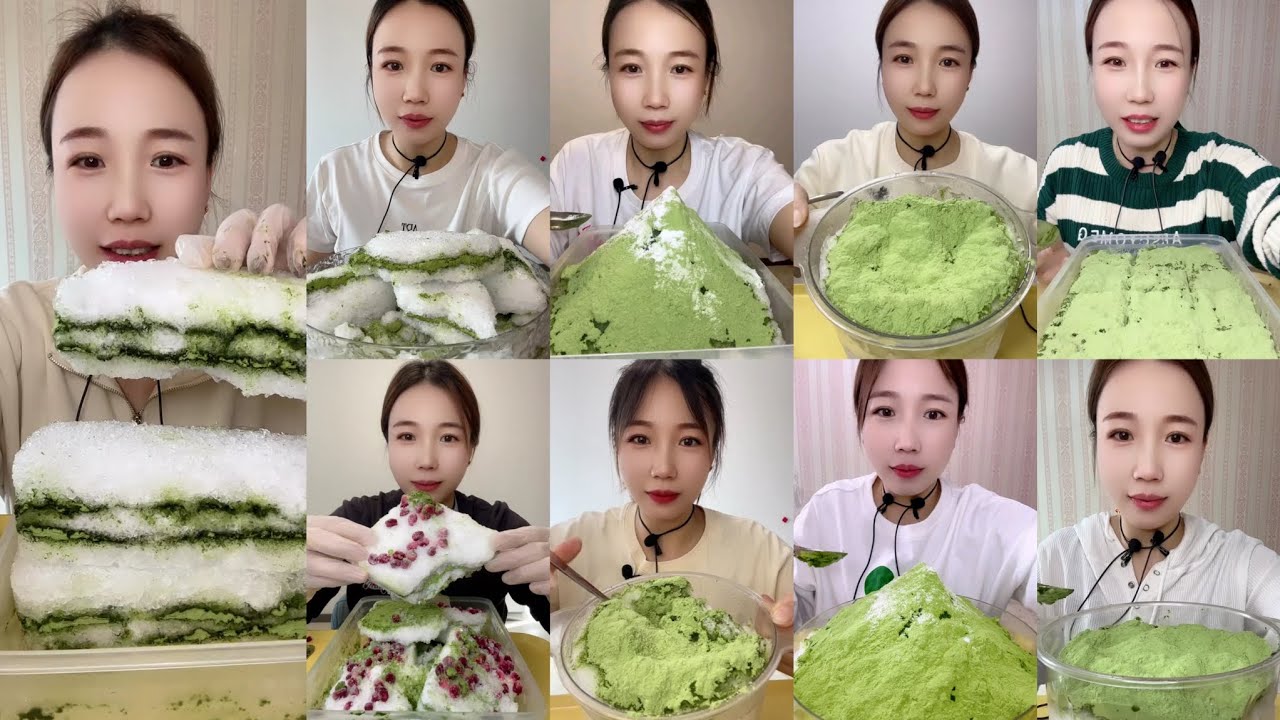 QIAN HEAVY MATCHA POWDER SHAVED CRUNCHY ICE EATING ASMR 