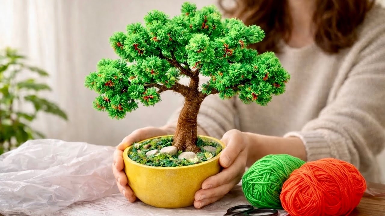 How to Make a Beautiful Tree Using Recycled Plastic & Yarn😍🧶🌳