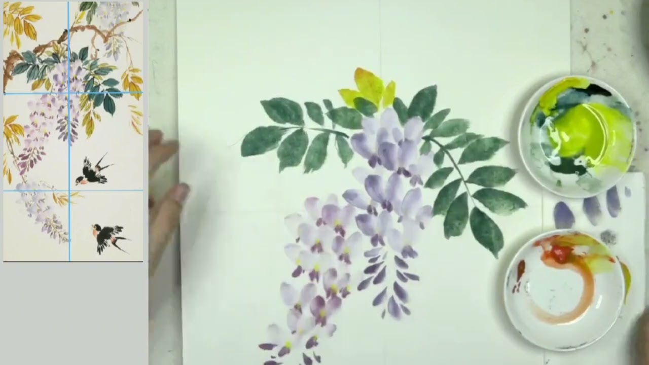 国画花鸟教程：紫藤花案例图2——藤蔓和主体叶片