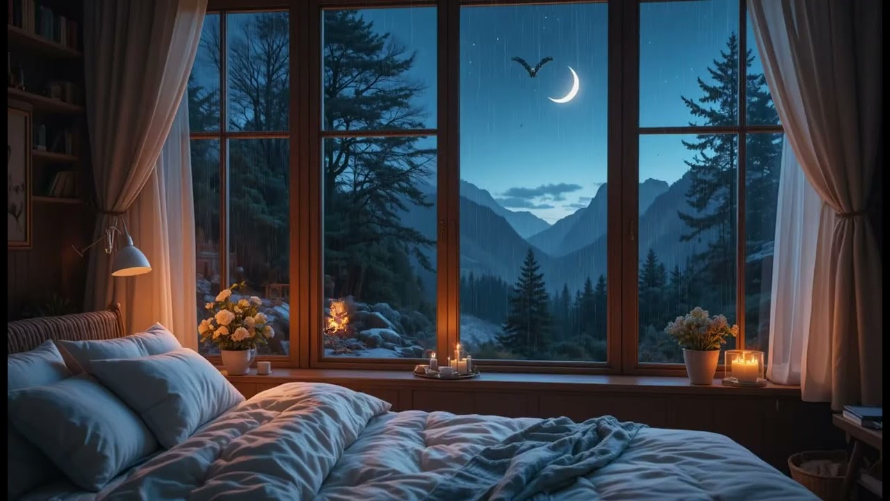 Quiet Rain Outside the Window | Crackling Fireplace for Sleep