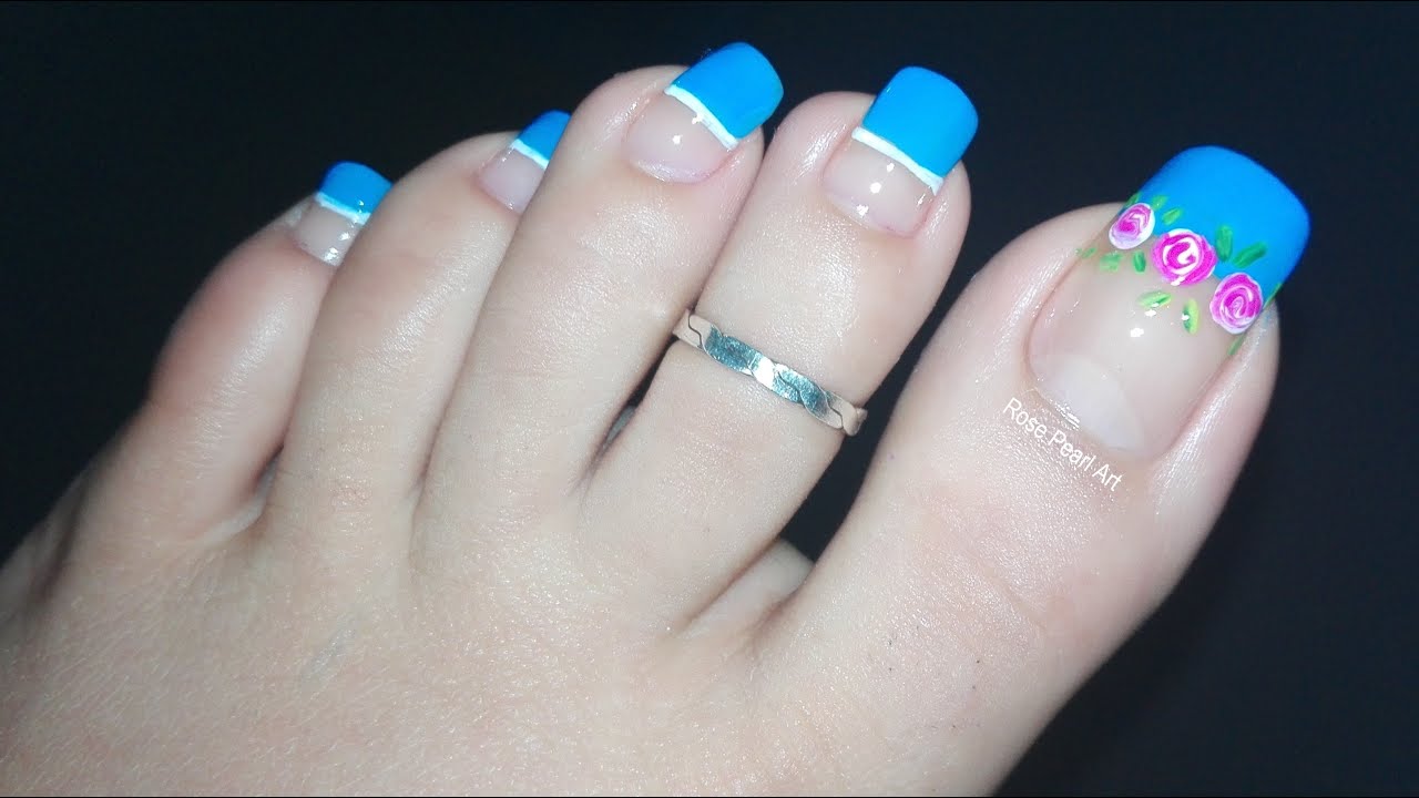 Light Blue French Pedicure with Tiny Roses Nail Art Tutorial | Rose Pearl