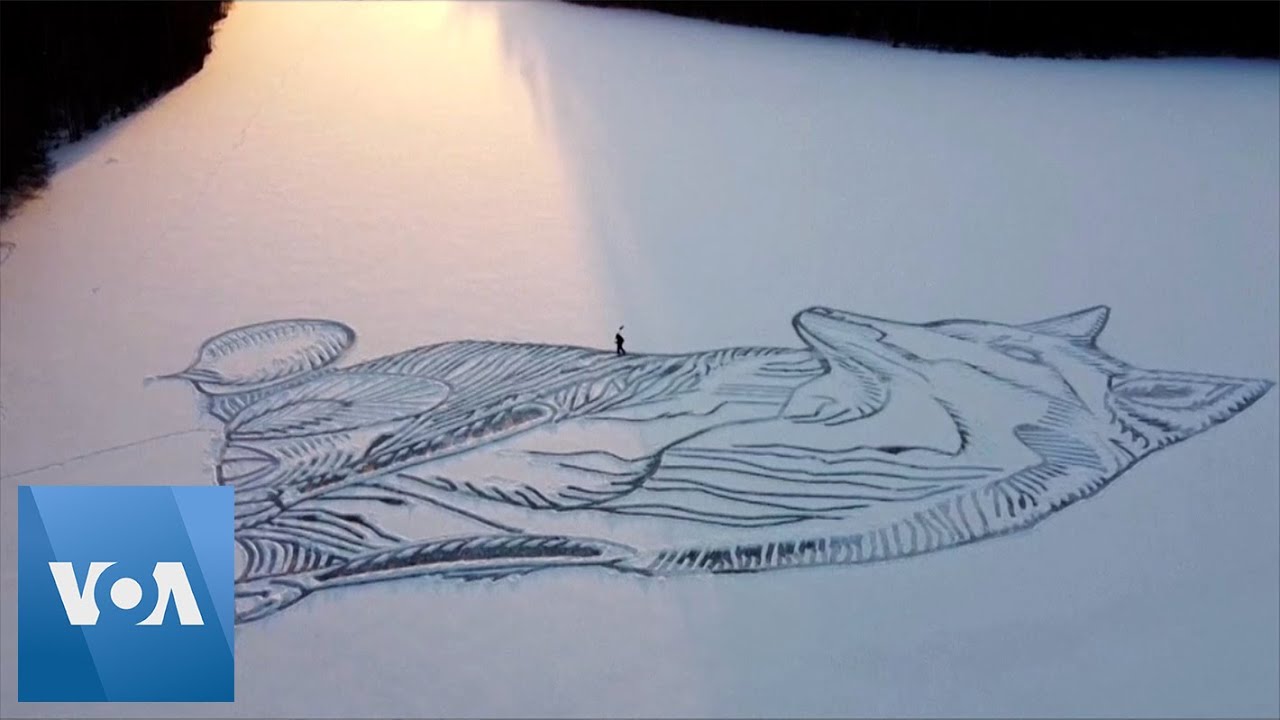 Giant Fox Carved Atop Frozen Lake in Finland