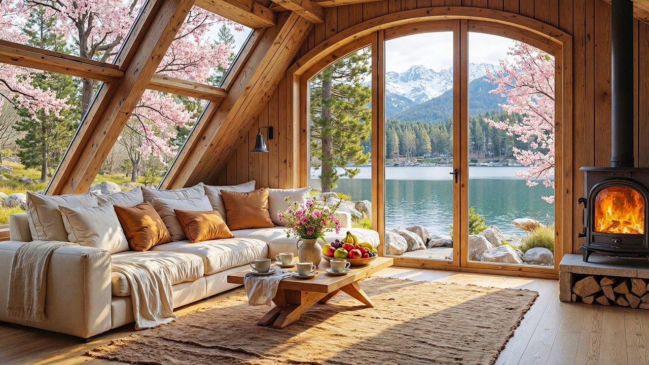 Soothing Piano Music & Fireplace for Studying 🌿 Spring Morning at a Lakeside Room