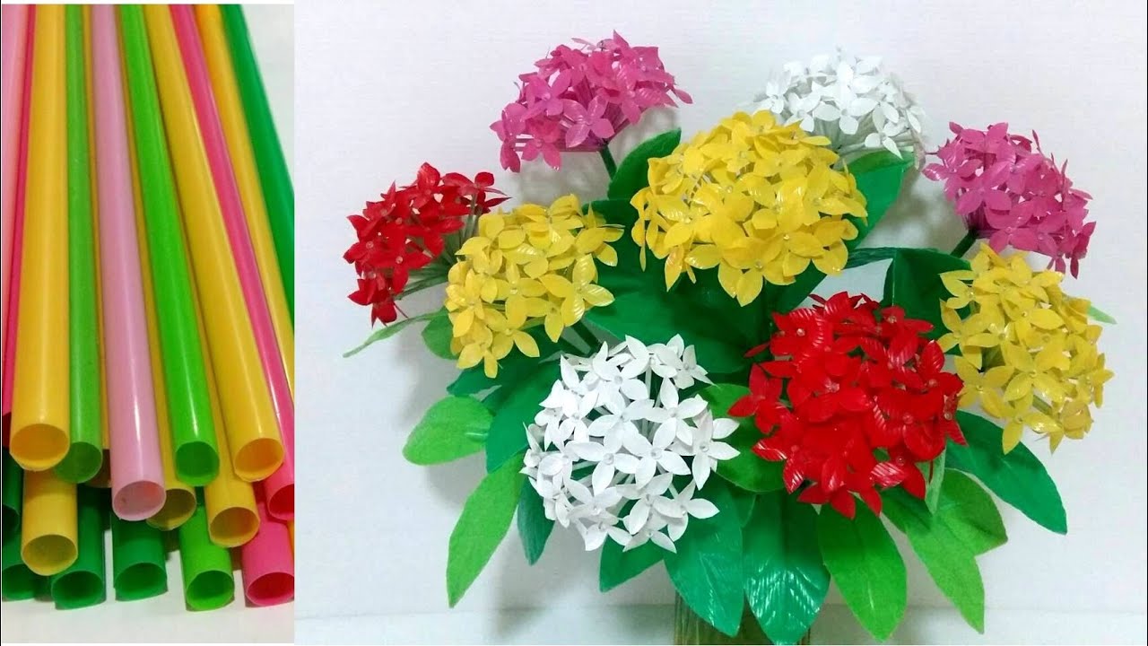 ดอกไม้จากหลอด ดอกเข็มจากหลอด by มายมิ้นท์ Ixora coccinea flower from straws  1